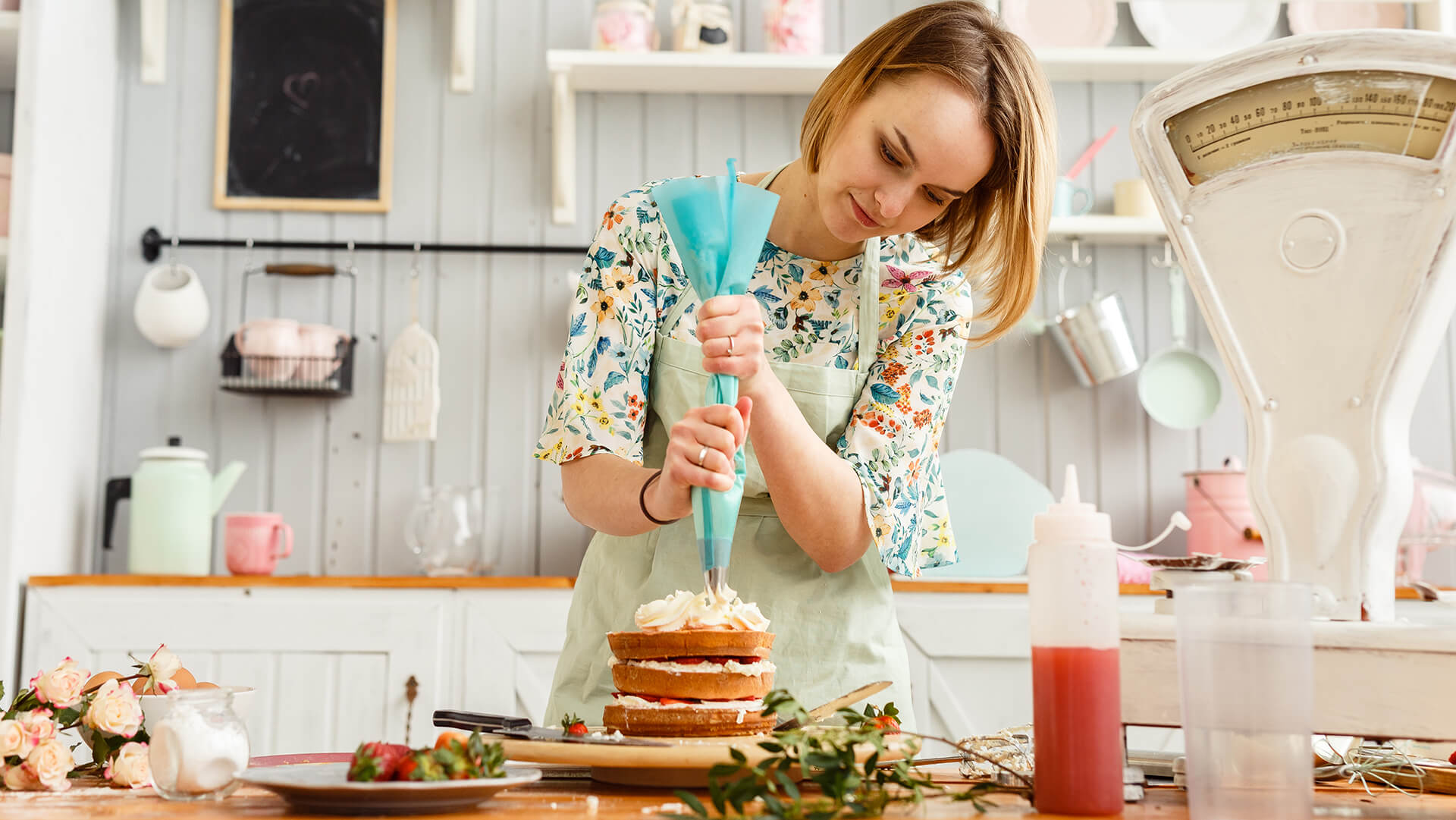 Decorating a cake with cream